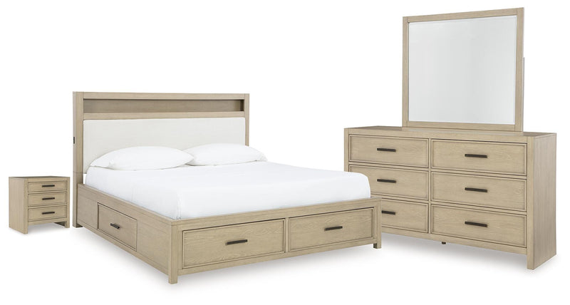 Calmoro King Bookcase Bed with Mirrored Dresser and Nightstand in Gray - PKG021327