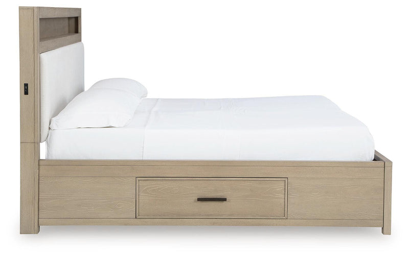 Calmoro King Bookcase Bed with Mirrored Dresser and Nightstand in Gray - PKG021327