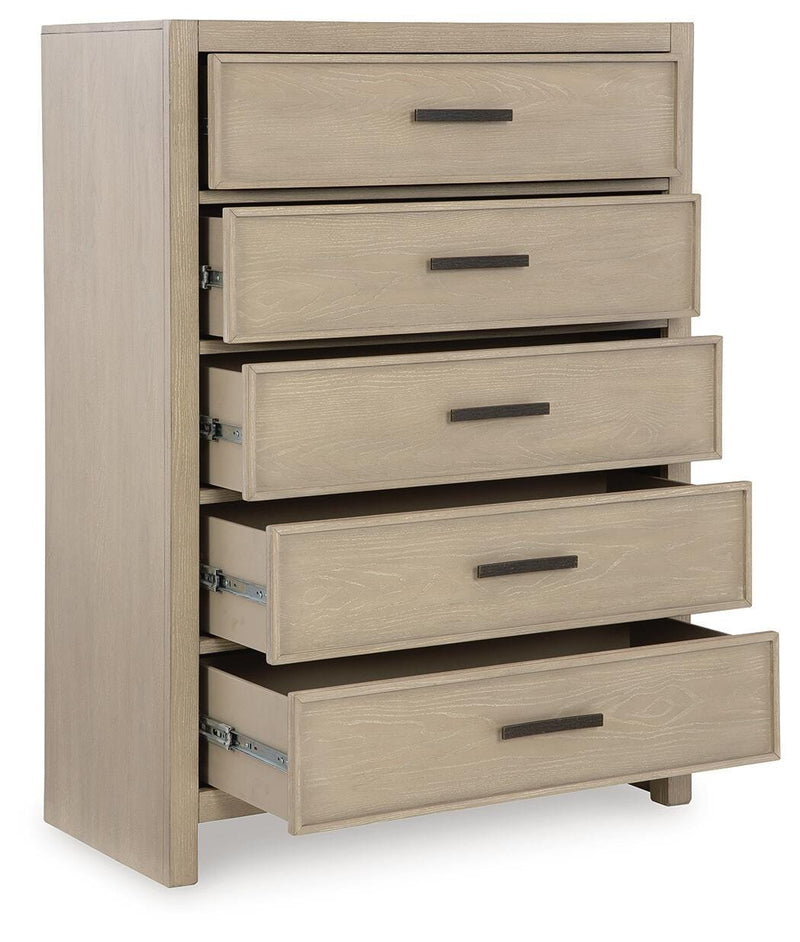 Calmoro King Bookcase Bed with Mirrored Dresser, Chest and 2 Nightstands in Gray - PKG021326