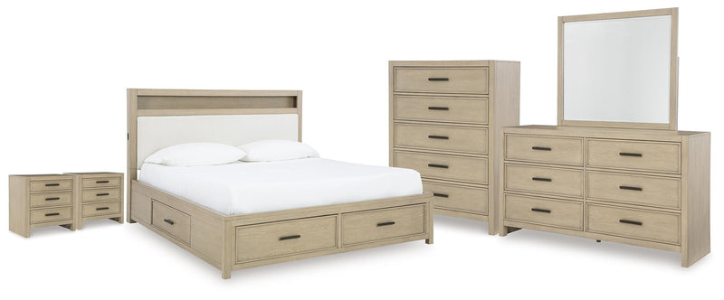 Calmoro King Bookcase Bed with Mirrored Dresser, Chest and 2 Nightstands in Gray - PKG021326