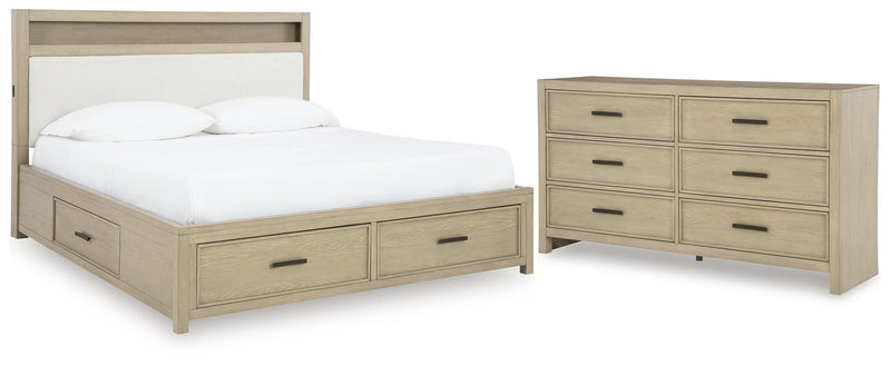 Calmoro King Bookcase Bed with Mirrored Dresser in Gray - PKG021324