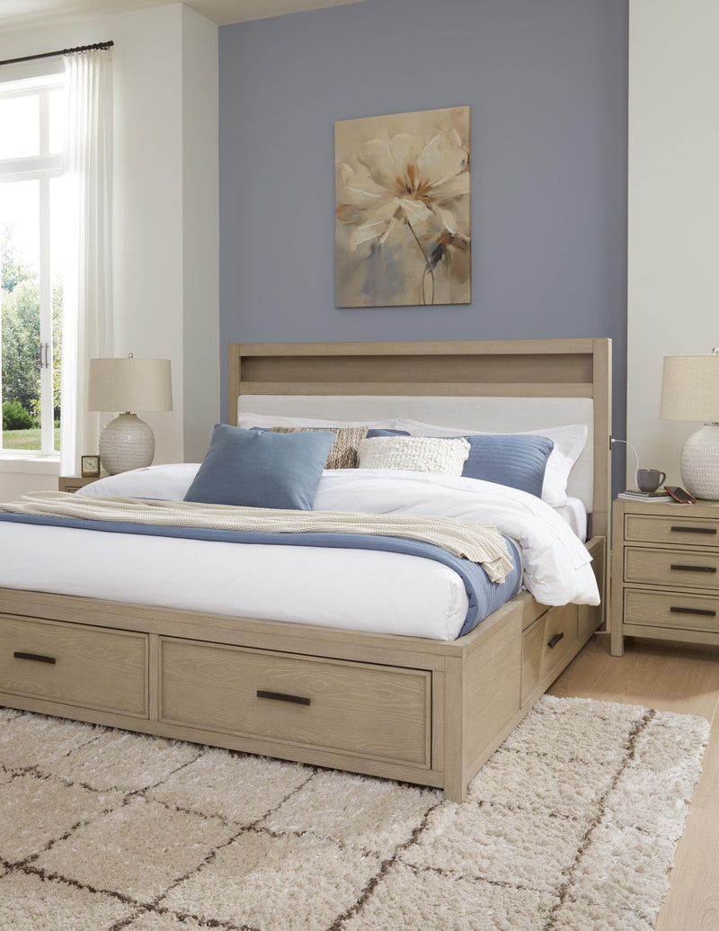 Calmoro Queen Bookcase Bed with Mirrored Dresser and 2 Nightstands in Gray - PKG021317