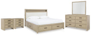 Calmoro Queen Bookcase Bed with Mirrored Dresser and 2 Nightstands in Gray - PKG021317