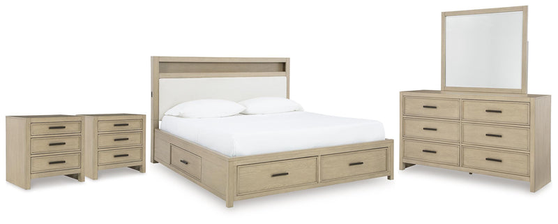 Calmoro Queen Bookcase Bed with Mirrored Dresser and 2 Nightstands in Gray - PKG021317