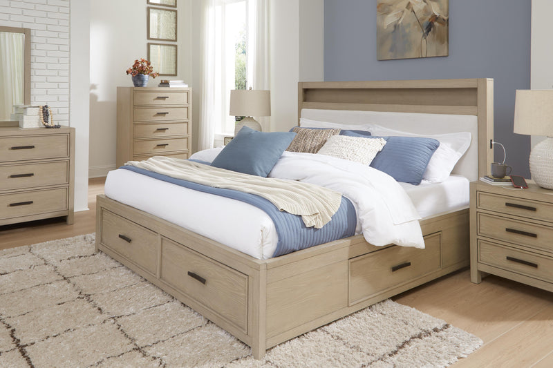 Calmoro Queen Bookcase Bed with Mirrored Dresser and Nightstand in Gray - PKG021319