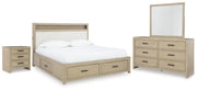 Calmoro Queen Bookcase Bed with Mirrored Dresser and Nightstand in Gray - PKG021319