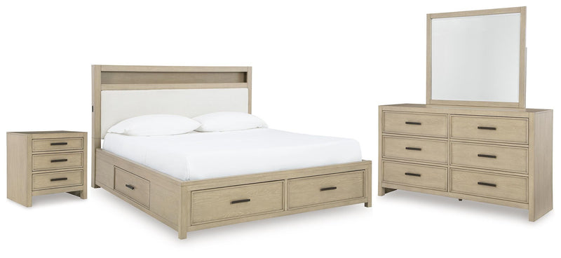 Calmoro Queen Bookcase Bed with Mirrored Dresser and Nightstand in Gray - PKG021319