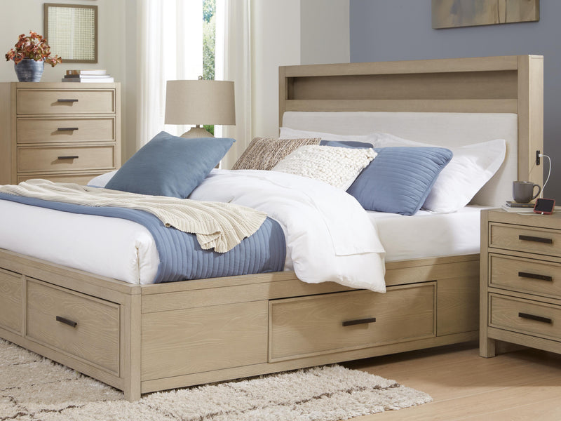 Calmoro Queen Bookcase Bed with Mirrored Dresser, Chest and 2 Nightstands in Gray - PKG021318