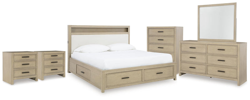 Calmoro Queen Bookcase Bed with Mirrored Dresser, Chest and 2 Nightstands in Gray - PKG021318