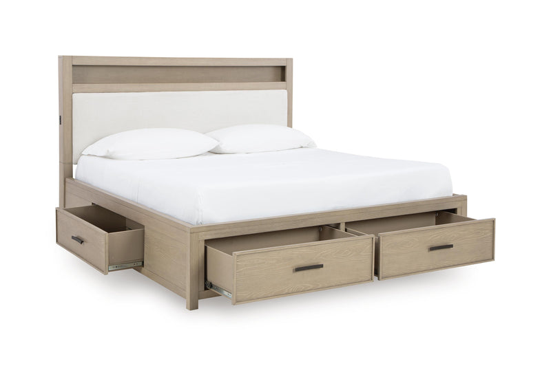 Calmoro Queen Bookcase Bed with Mirrored Dresser in Gray - PKG021316