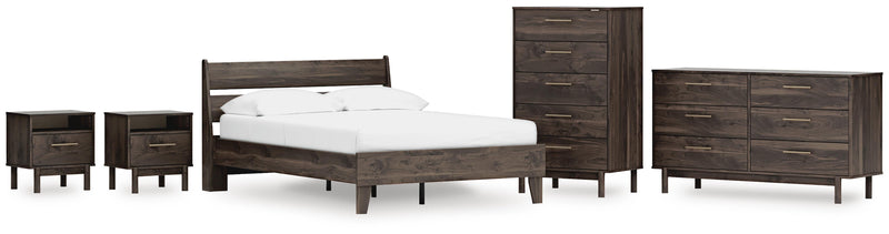 Calverson Full Panel Platform Bed, Dresser, Chest and 2 Nightstands in Mocha - PKG017848