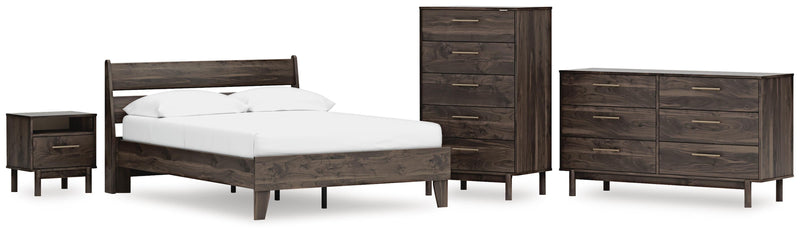 Calverson Full Panel Platform Bed, Dresser, Chest and Nightstand in Mocha - PKG017847