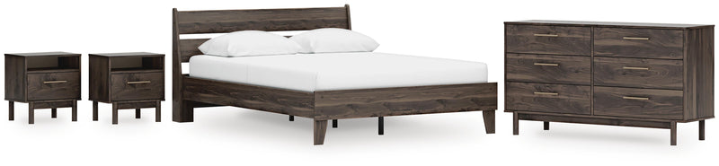 Calverson Queen Panel Platform Bed, Dresser and 2 Nightstands in Mocha - PKG017866