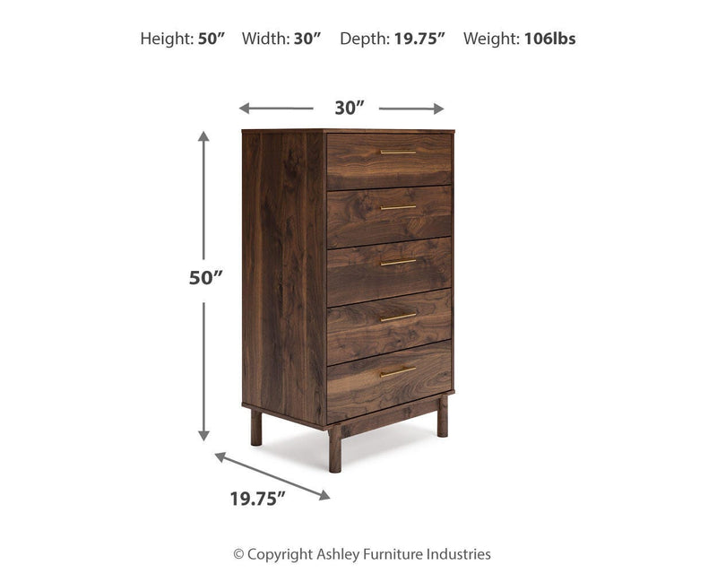 Calverson Queen Panel Platform Bed, Dresser and Chest in Mocha - PKG017863