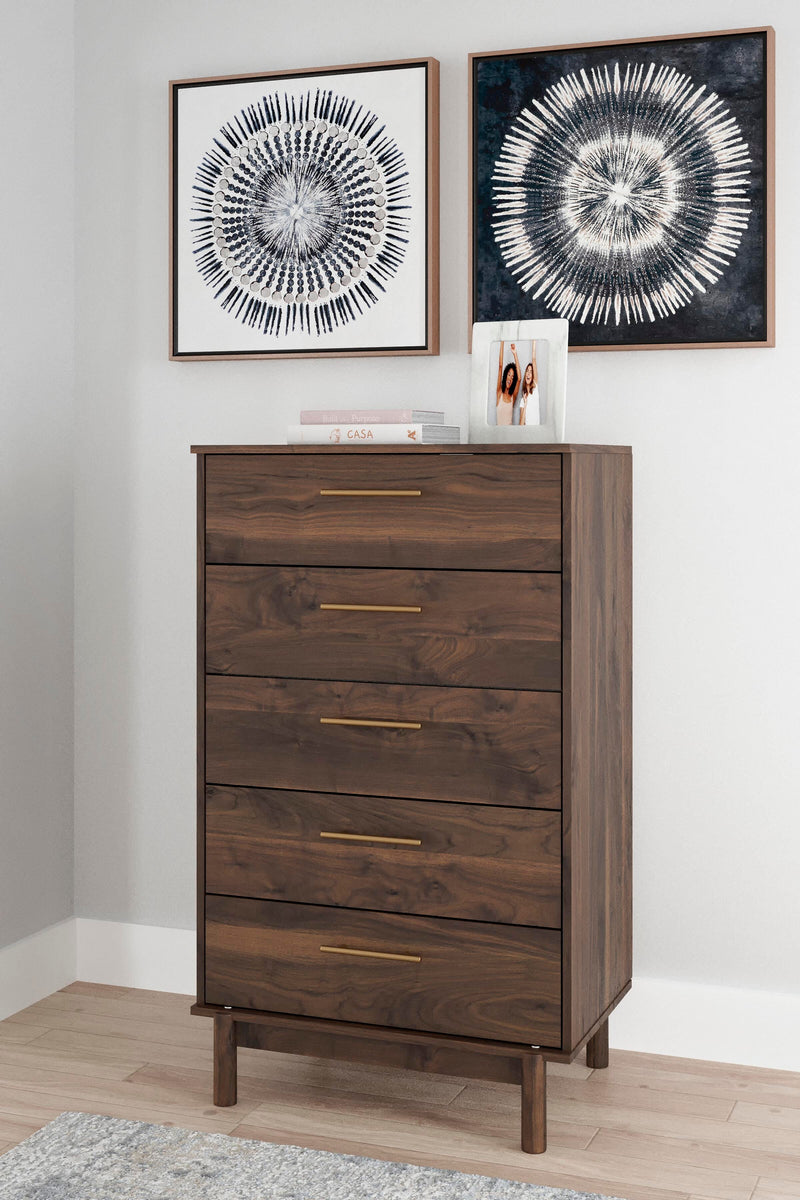 Calverson Queen Panel Platform Bed, Dresser and Chest in Mocha - PKG017863