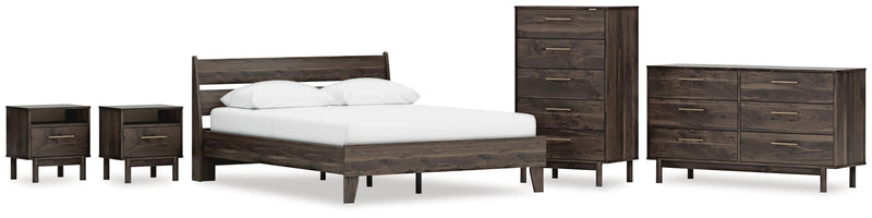 Calverson Queen Panel Platform Bed, Dresser, Chest and 2 Nightstands in Mocha - PKG017865