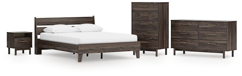 Calverson Queen Panel Platform Bed, Dresser, Chest and Nightstand in Mocha - PKG017864