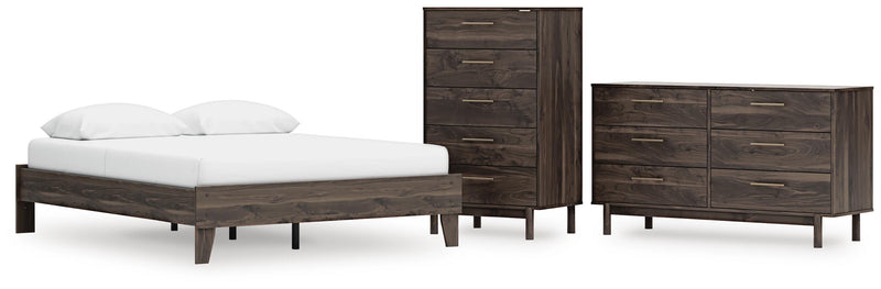 Calverson Queen Platform Bed, Dresser and Chest in Mocha - PKG017852
