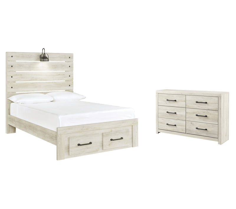 Cambeck Full Panel Bed with 2 Storage Drawers with Dresser in Whitewash - PKG003049