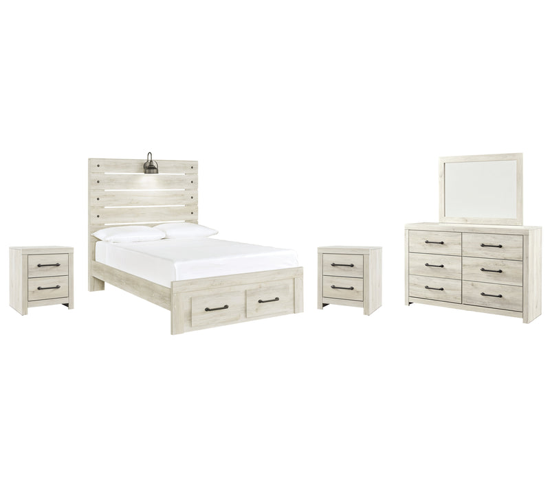 Cambeck Full Panel Bed with 2 Storage Drawers with Mirrored Dresser and 2 Nightstands in Whitewash - PKG003051