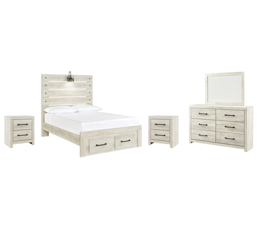 Cambeck Full Panel Bed with 2 Storage Drawers with Mirrored Dresser and 2 Nightstands in Whitewash - PKG003051