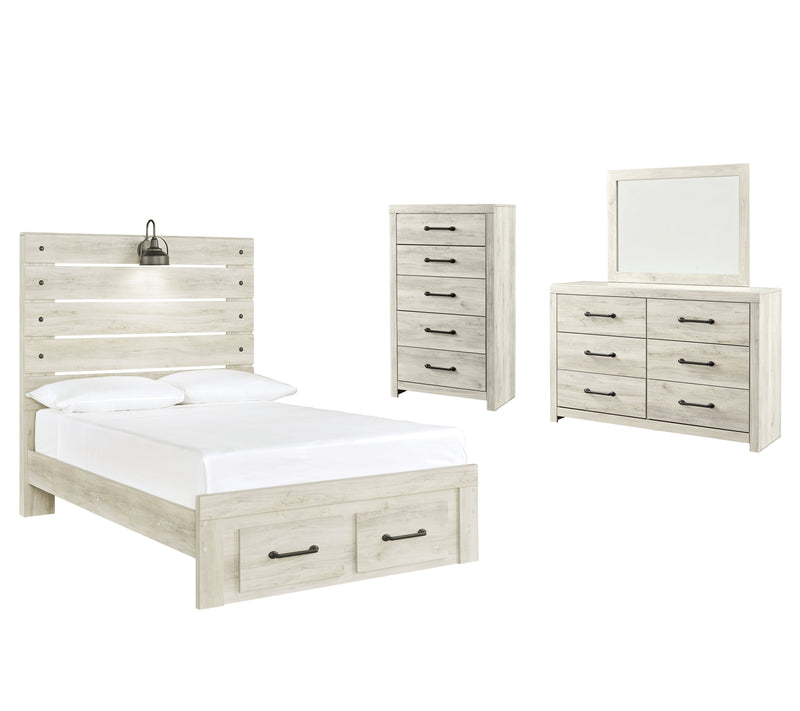 Cambeck Full Panel Bed with 2 Storage Drawers with Mirrored Dresser and Chest in Whitewash - PKG003052
