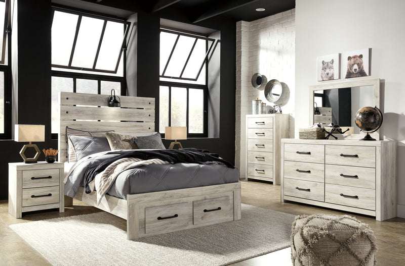 Cambeck Full Panel Bed with 2 Storage Drawers with Mirrored Dresser, Chest and Nightstand in Whitewash - PKG003053