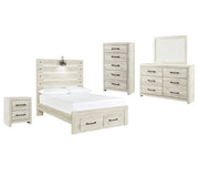 Cambeck Full Panel Bed with 2 Storage Drawers with Mirrored Dresser, Chest and Nightstand in Whitewash - PKG003053