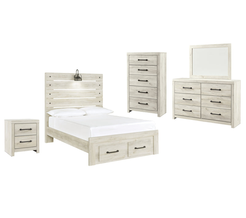 Cambeck Full Panel Bed with 2 Storage Drawers with Mirrored Dresser, Chest and Nightstand in Whitewash - PKG003053