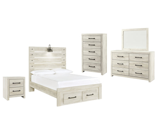 Cambeck Full Panel Bed with 2 Storage Drawers with Mirrored Dresser, Chest and Nightstand in Whitewash - PKG003053