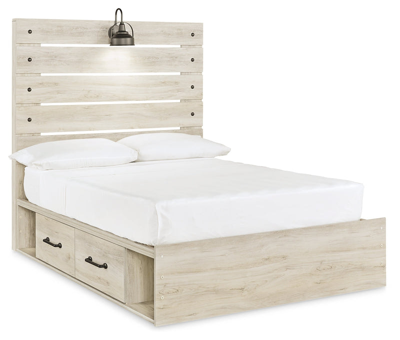 Cambeck Full Panel Bed with 2 Storage Drawers with Mirrored Dresser in Whitewash - PKG002987