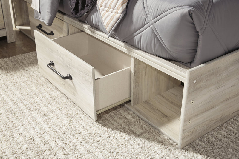 Cambeck Full Panel Bed with 2 Storage Drawers with Mirrored Dresser in Whitewash - PKG002987