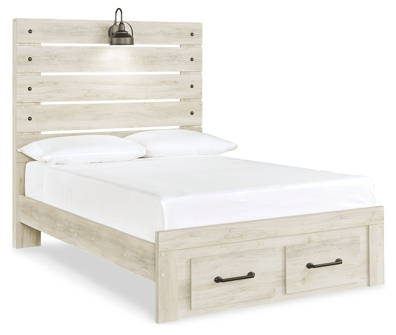 Cambeck Full Panel Bed with 2 Storage Drawers with Mirrored Dresser in Whitewash - PKG003050