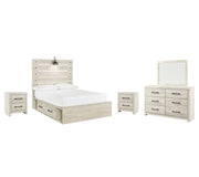 Cambeck Full Panel Bed with 4 Storage Drawers with Mirrored Dresser and 2 Nightstands in Whitewash - PKG003057