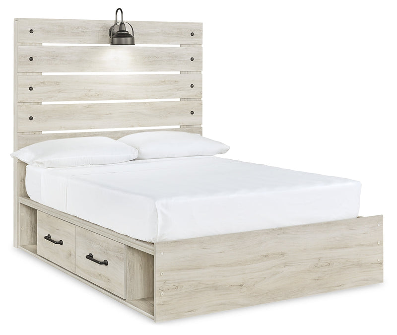 Cambeck Full Panel Bed with 4 Storage Drawers with Mirrored Dresser and Chest in Whitewash - PKG003058