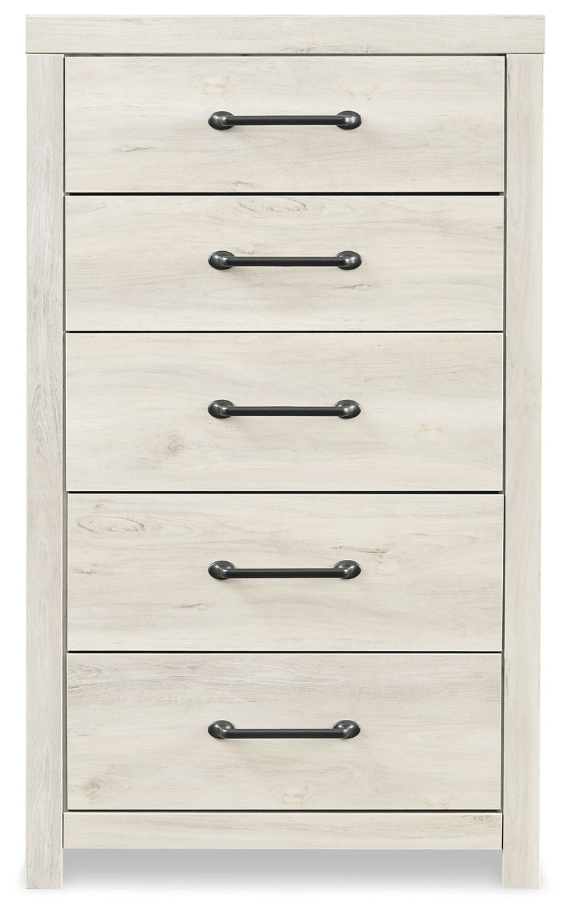 Cambeck Full Panel Bed with 4 Storage Drawers with Mirrored Dresser and Chest in Whitewash - PKG003058