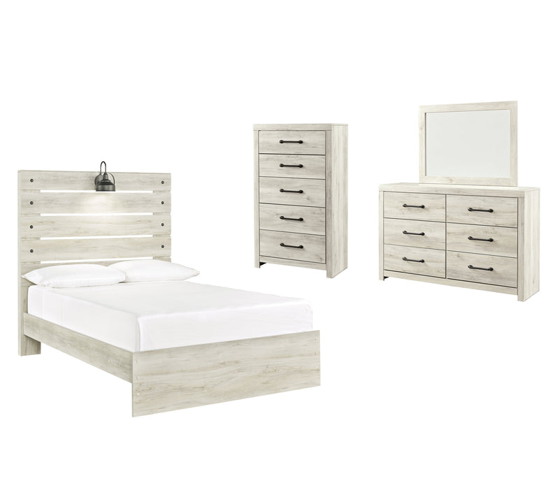 Cambeck Full Panel Bed with Mirrored Dresser and Chest in Whitewash - PKG003040