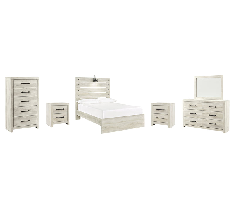 Cambeck Full Panel Bed with Mirrored Dresser, Chest and 2 Nightstands in Whitewash - PKG003042