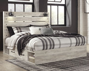 Cambeck King Panel Bed with 2 Storage Drawers with Mirrored Dresser and 2 Nightstands in Whitewash - PKG003003
