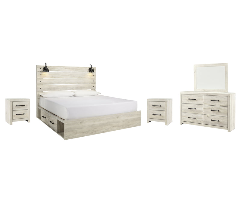 Cambeck King Panel Bed with 2 Storage Drawers with Mirrored Dresser and 2 Nightstands in Whitewash - PKG003003