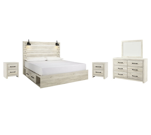 Cambeck King Panel Bed with 2 Storage Drawers with Mirrored Dresser and 2 Nightstands in Whitewash - PKG003003