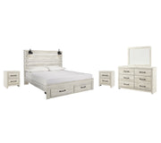 Cambeck King Panel Bed with 2 Storage Drawers with Mirrored Dresser and 2 Nightstands in Whitewash - PKG003045