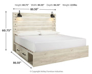 Cambeck King Panel Bed with 2 Storage Drawers with Mirrored Dresser and Chest in Whitewash - PKG007506