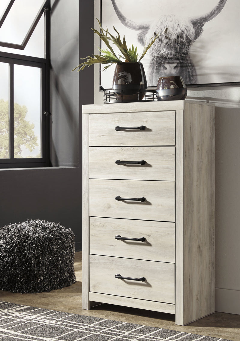 Cambeck King Panel Bed with 2 Storage Drawers with Mirrored Dresser and Chest in Whitewash - PKG007506