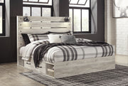 Cambeck King Panel Bed with 2 Storage Drawers with Mirrored Dresser and Chest in Whitewash - PKG007506
