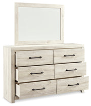 Cambeck King Panel Bed with 2 Storage Drawers with Mirrored Dresser and Nightstand in Whitewash - PKG014085