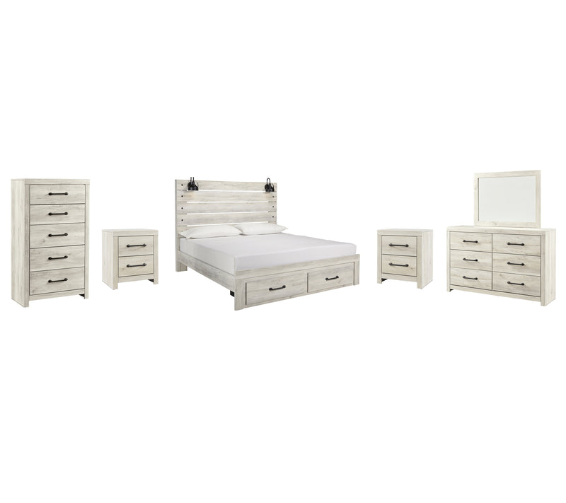 Cambeck King Panel Bed with 2 Storage Drawers with Mirrored Dresser, Chest and 2 Nightstands in Whitewash - PKG003048