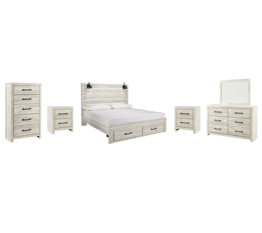 Cambeck King Panel Bed with 2 Storage Drawers with Mirrored Dresser, Chest and 2 Nightstands in Whitewash - PKG003048