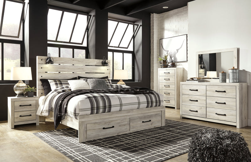Cambeck King Panel Bed with 2 Storage Drawers with Mirrored Dresser, Chest and Nightstand in Whitewash - PKG003047