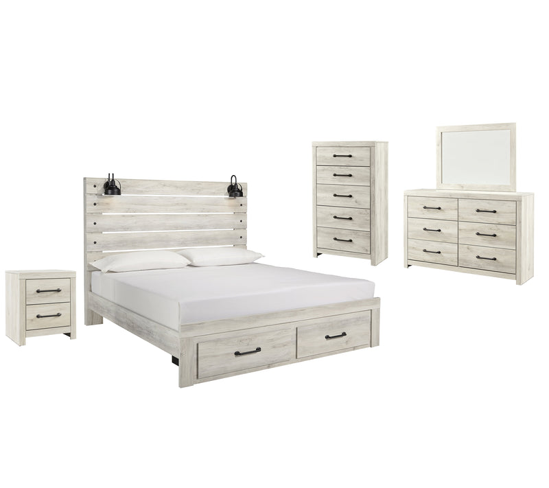 Cambeck King Panel Bed with 2 Storage Drawers with Mirrored Dresser, Chest and Nightstand in Whitewash - PKG003047